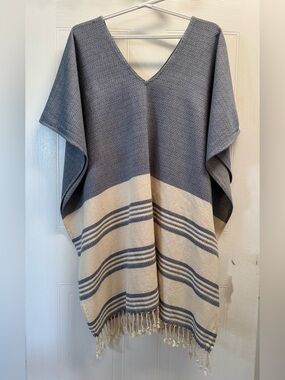 Tribe Alive Striped Fringe Poncho Caftan Swim Coverup Blue Cream OS